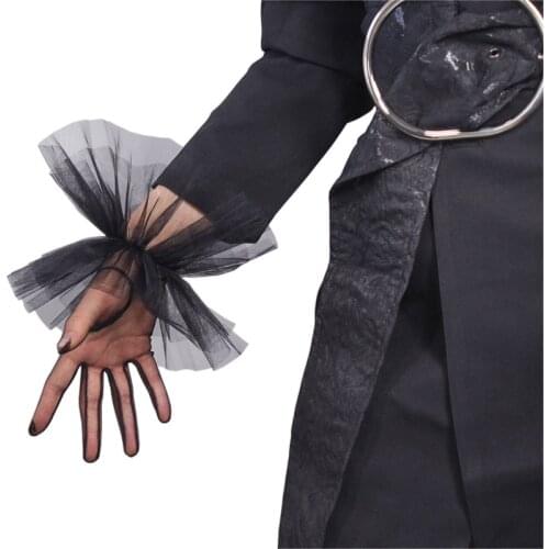 TULLE GLOVES Lace Semi Sheer Mesh Short Black Ruffle Hem Elastic Cuffs Lace Trim Women Evening Gloves WWS12