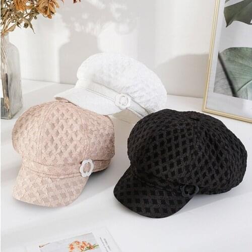 Vintage lace mesh beret hat 2020 flat top short brim navy hat autumn fashion net red beret