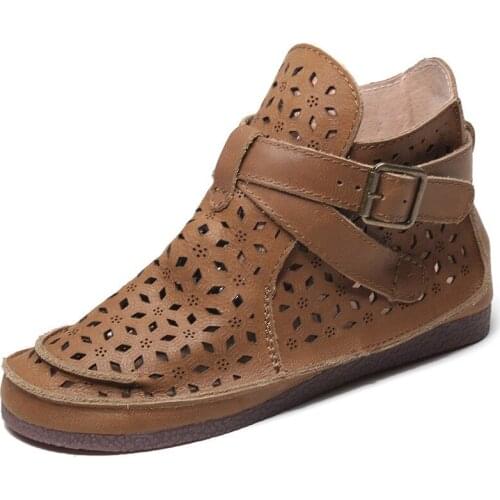 2021 Retro Handmade Womens Genuine Leather Shoes British Style Hollow out Female Spring Shoes Zip Flat With Fur Botas Mujer