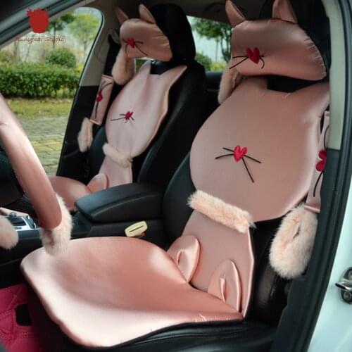 Pink Cat Plush Tail Lady Car Interior Decoration Accessories Set Seatbelt Shifter Hand Brake Covers Steering Wheel Cover Girls