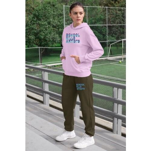 Angemiel Wear School Lion Women Tracksuit Set Pink Hooded Sweatshirt Green Sweatpants