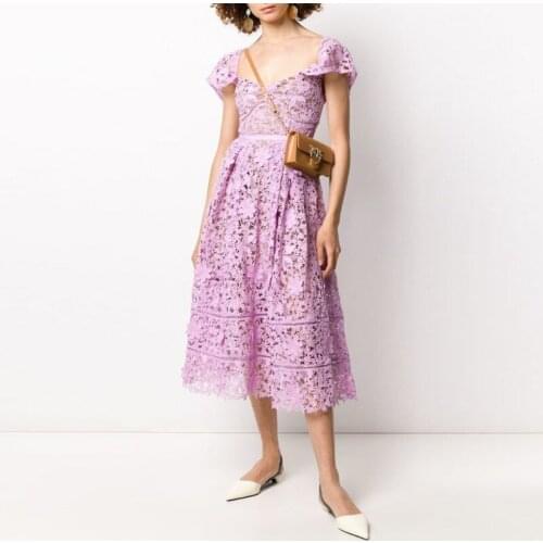 Runway Sexy Off Shoulder Strapless Midi Party Dresses Women 2021 Pink Floral Appliques Hollow Out Long Lace Dress Summer