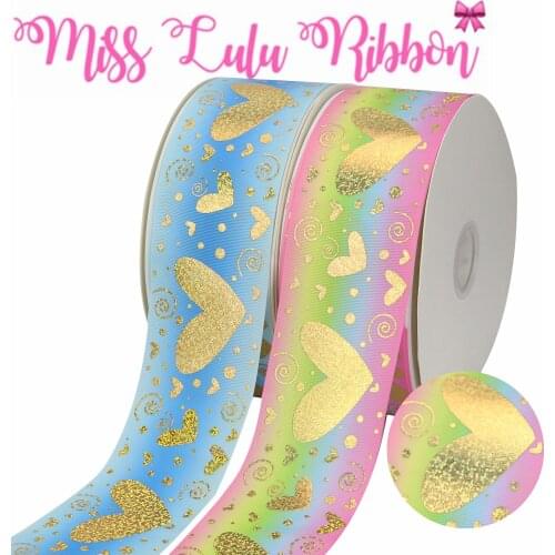 3"75mm Hologram Gold Foil Sweet Heart Gradient Color Printed Grosgrain Ribbon DIY Bowknots Hair Band Making 50yards/roll