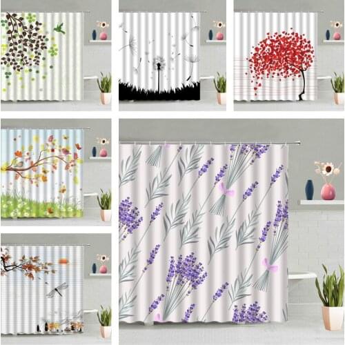 Violet Lavender Bouquet Shower Curtain Green Plant Tree Dandelion Flower Bird Bathroom Screen Decor Wall Hanging Curtains Fabric