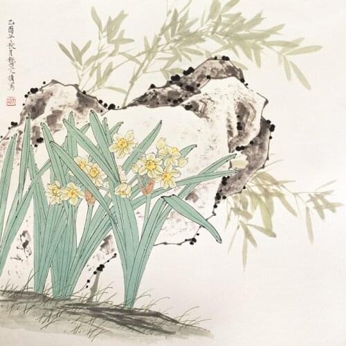 Chinese classical yellow flower bamboo stone scenery oil painting canvas printings printed on canvas wall art decoration picture