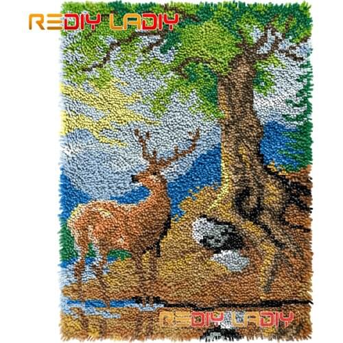Latch Hook Rug Deer Under a Tree Crocheting Tapestry Kits DIY Carpet Rug Chunky Yarn Needlework Knitted Floor Mat Hobby & Crafts