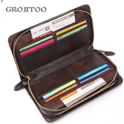 GROJITOO First Leather Mens Wallet Long Oil Wax Leather Double Zipper Bag For Men Bag Multi-functional Cards Pocket Coin Purse