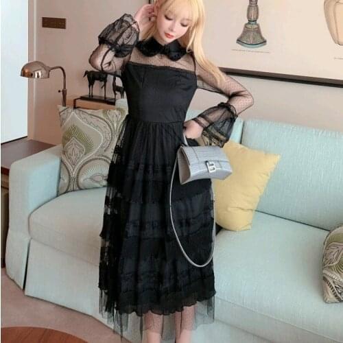 New arrive Autumn Black Mesh Elegant Dress Female Full sleeve Casual Vintage turndown collar High waist party Long Dress Vestido