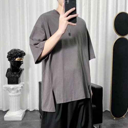 BXyichen original simple solid color short-sleeved T-shirt Korean version wide loosened fork half sleeve trend asymmetric design