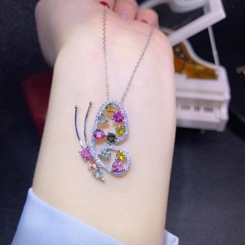 Butterfly style colorful tourmaline gemstone necklace 925 Sterling silver natural gem lovely girl birthday gift