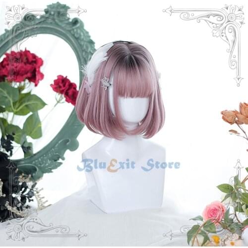 2 Colors Gradient Pink Blue Lolita Wig Harajuku Fairy Cosplay Bangs Curly Short BOBO Sweet Fringe Synthetic Hair for Adult Girls