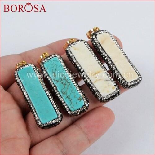 BOROSA Rectangle Natural Blue/White How-lite Stone Pendant Crystal Rhinestone Pave Druzy Pendants Necklaces Jewelry JAB632