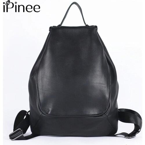 IPinee 100% Real Genuine Cow Leather Black Brown Women Design Backpack Lady Girl Top Layer Cowhide Book Bag Mochila