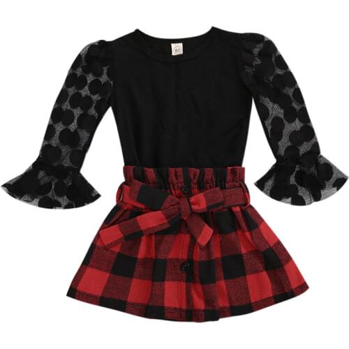 2-6Years Baby Girl Mesh Stitching Flared Long Sleeve + Plaid Skirt Spring Clothing