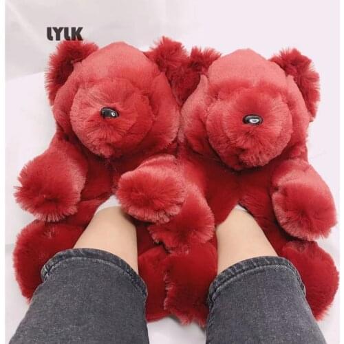New Women Indoor Soft Anti-Slip Slides Girls Faux Fur Slippers Winter Warm Plush Shoes Cute Cartoon Furry Teddy Bear Flip Flops