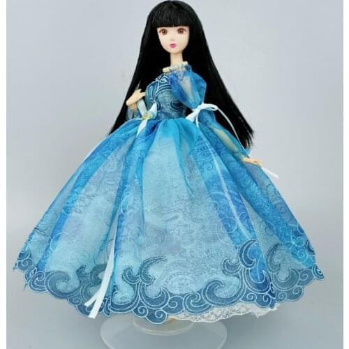 Blue Handmade Wedding Dress For Barbie Doll Clothes Puff Sleeve Bowknot Princess Party Gown Costume 1/6 Dolls Accessories Toys