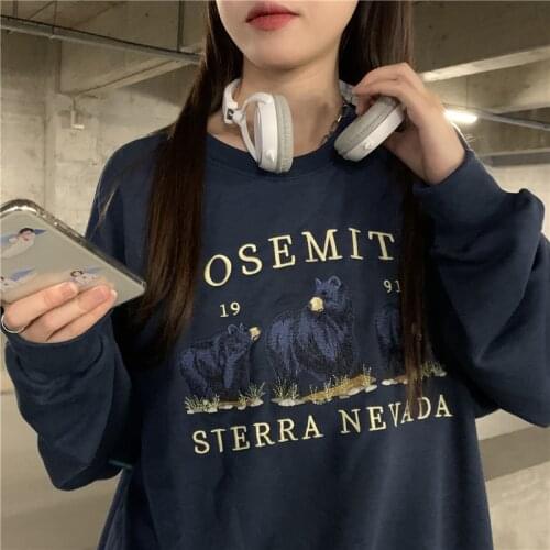 Letters Embroidery Hoodies Sweatshirts Women O-Neck Loose Casual Vintage Sweatshirt Autumn Thick Pullovers Streetwear Z286