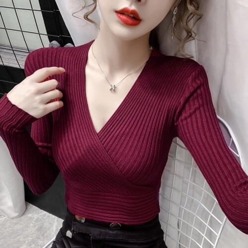 Sexy Club Deep V-Neck Women Full sleeve Sweaters Ladies Solid color High elasticity Short Sweater female Slim Knit jumpers 2018