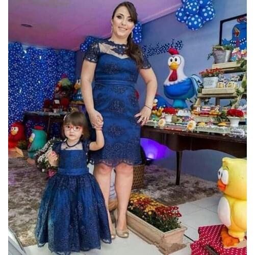 Vintage Lace Navy Blue Mother Daugher Birthday Celebration Dresses Navy Blue Mom Girls Birthday Party Photo Dress Gown Custom