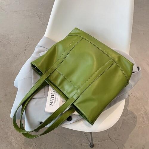 High Capacity Soft PU Leather Shoulder Bags for Women 2021 Summer Travel Green Handbag Fashion Luxury Simple Shopping Purses