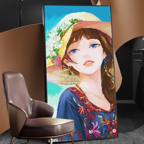 Cross stitch 11ct point de croix Cartoon anime character summer girl wearing straw hat Send embroidery tool threader needle