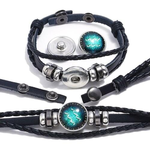 Jewelry Punk Constellation Zodiac Signs Bracelet Hematite Beaded Snap Button Clasp Braid Black Leather Wristband Bracelets Men
