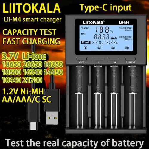 Liitokala Lii-M4 18650 charger lcd display universal smart charger test capacity for 3.7v 26650 18650 21700 aa aaa etc 4slot