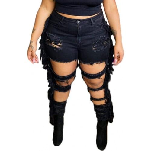 Y2k Black Jeans Women 5XL Plus Size High Waist Pockets Trousers 2021 New Fashion Sext Ripped Hollow Hole Tassel Long Denim Pants