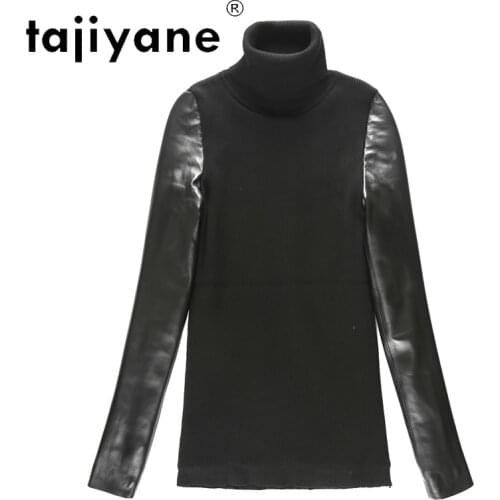 Tajiyane Sweaters for Women Winter Real Sheepskin Sleeve White Duck Down Sleeves Woman Turtleneck Pullover Sweaters Sweter TN946