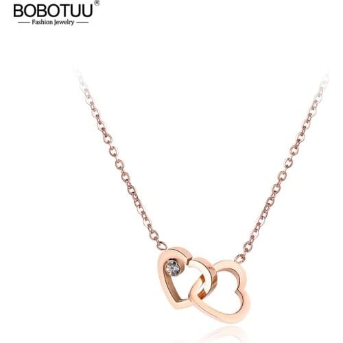 BOBOTUU Double Heart Cubic Zirconia Chain & Link Necklaces Jewelry Titanium Steel Rose Gold Chokers Necklace For Women BN18058