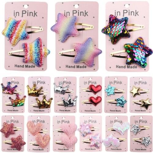 2pcs Baby Girls Hair Clips Sequin Hair Pin Headwear Kids Shining Flowers Clip Bow Hairpin Clips Party Lovely Princess Gift
