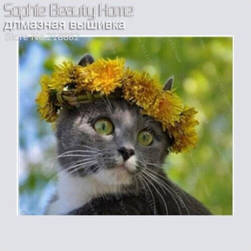Diamond Mosaic Diamond Embroidery Animal Cute Cat In Flower Hat Diamond Painting Cross Stitch Square Diamond Sets unfinished