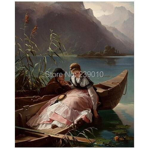 Free shipping dating oil painting canvas prints classic Couple boating lake oil painting on canvas wall decor picture