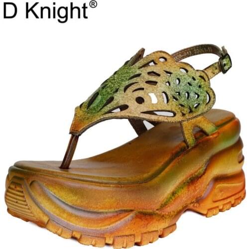 D Knight Bohemia Sandals Pattern Genuine Leather Floral Ankle Strap Wedges Heels Sandals Elegant Women Shoes Platform High Heels