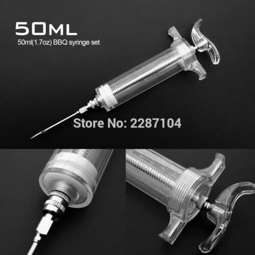 50ml 1.7oz BBQ Meat Grill Barbecue Seasoning Injector Turkey Chicken Sauce Syringe Stainless steel Needle 2 hole Large Capacity