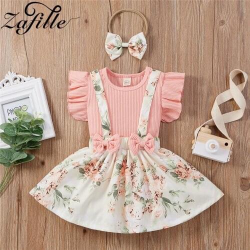 ZAFILLE Baby Skirt Set Summer Toddler Kids Clothes Girls Cotton Knitted Top Suspender Skirts Headband Girls Clothes Outfits