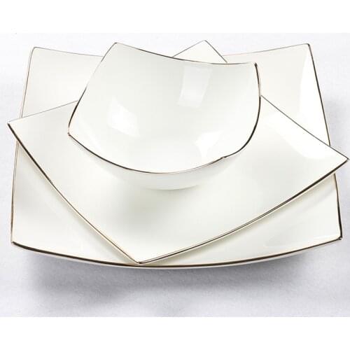 European Bone China Square Dining Plate Steak Dishes Salad Soup Bowls High Quality White Porcelain Dinnerware Set