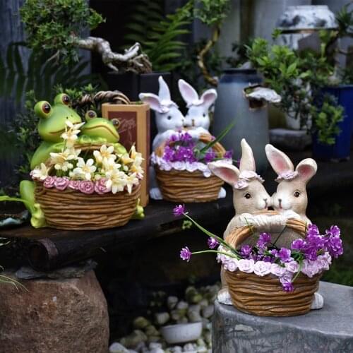 Outdoor Cute Rabbit Frog Flower Pot Resin Ornaments Garden Landscape Figurines Vase Decoration Courtyard Villa Sculpture Crafts