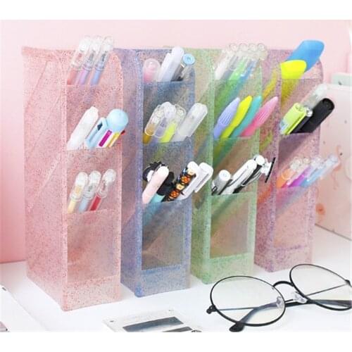 Multi-function 4 Grid Desktop Pen Holder Office School Storage Case Tassel Flash Plastic Box Desk Pen Pencil Organizer