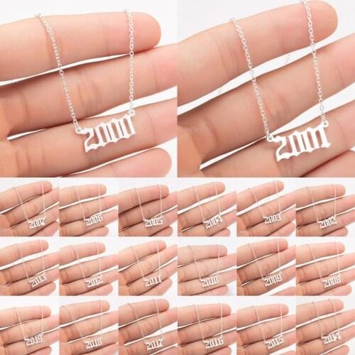 Newest Old English Number Pendant Chain Necklace For Women Statement Birth Year Necklace Gold Link Chain Stainless Steel Jewelry