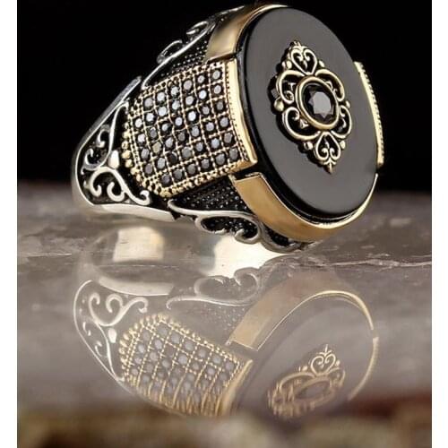 925 Sterling Silver Ring for Men with Onyx Stone Vintage Gift Jewelry Fasion Onyx Agate Zircon Men Rings