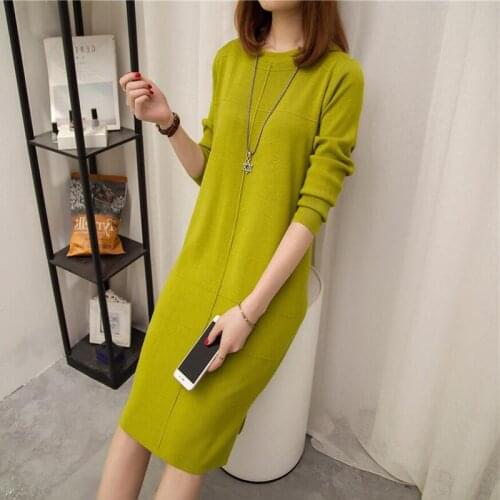 Autumn Winter Long Knit Women Sweater Dress Autumn Thick Warm Long Sleeve Straight Dresses Solid OL Midi Dress