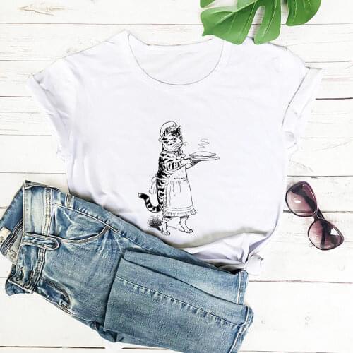 Cooking Cat Cartoon Graphic Pirnt 100%Cotton Women Tshirt Cat Mom Funny Summer Casual O-Neck Short Sleeve Top Pet Lover Gift