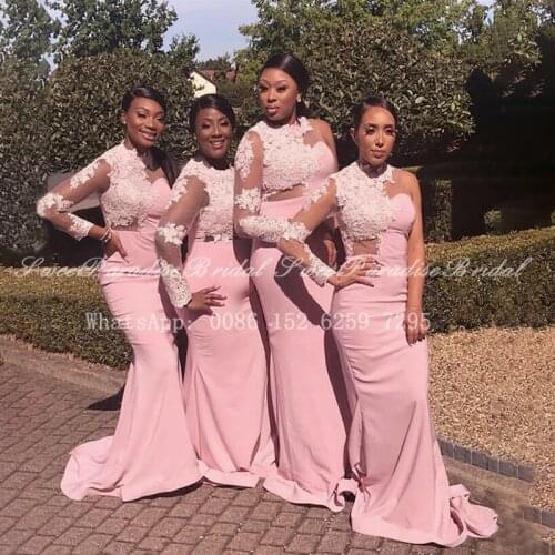 Pink Lace Bridesmaid Dresses With Appliques Sheer One Long Sleeves African Women Mermaid Wedding Party Dress Formal