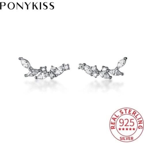 PONYKISS 100% S925 Sterling Silver Flower branches Zircon Stud Earrings for Women Party Delicate Elegant Accessory Gift
