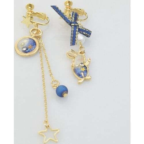 Non Pierced Irregular dangle Earring Clip-on Asymmetric Earrings Rabbit Pearl Star charms Earrings For Women Fashion Jewelry