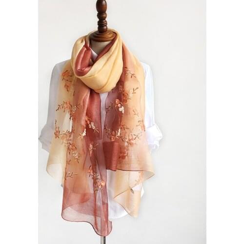 Brand Real silk wool Gradient scarf Women Mulberry silk Shawl Luxury 30% silk 70% wool thin silk scarves embroidered shawls