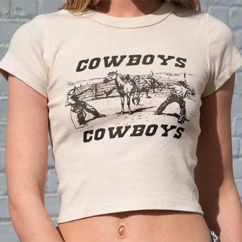 College Girls Skinny Vintage T Shirts Women Cotton Tshirts Cowboys Crop Tops 2021 New Brand Quality Fashion Ladies Streetwear