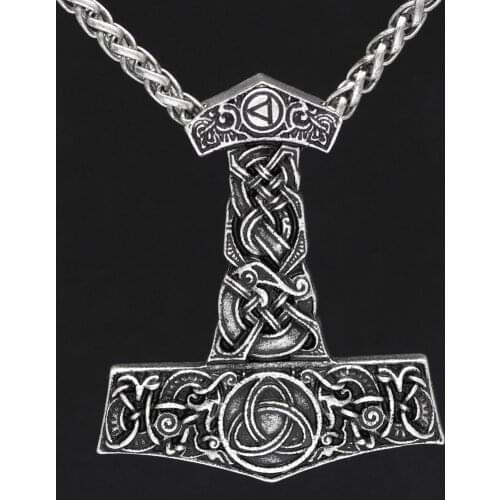 Youe Shoe Men Viking Rune Thor Hammer Amulet Hammer Scandinavian Odin Symbol Knot Necklace Metal Chain Double Side