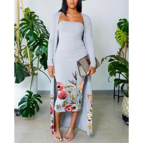 2021 New Autumn Fashion Suit Women Floral Print Tube Bodycon Dress With Longline Coat Two Piece Set Casual Daily Outfits
